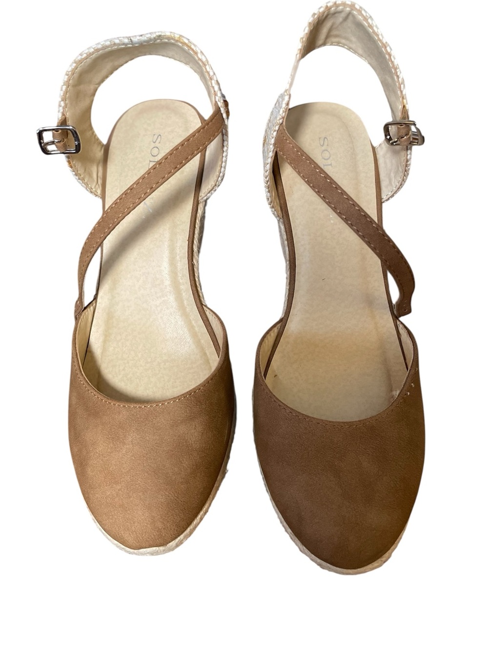 Solanz Comfort Women's Beige Espadrille Wedge Ankle Strap Buckle Sandals 8.5